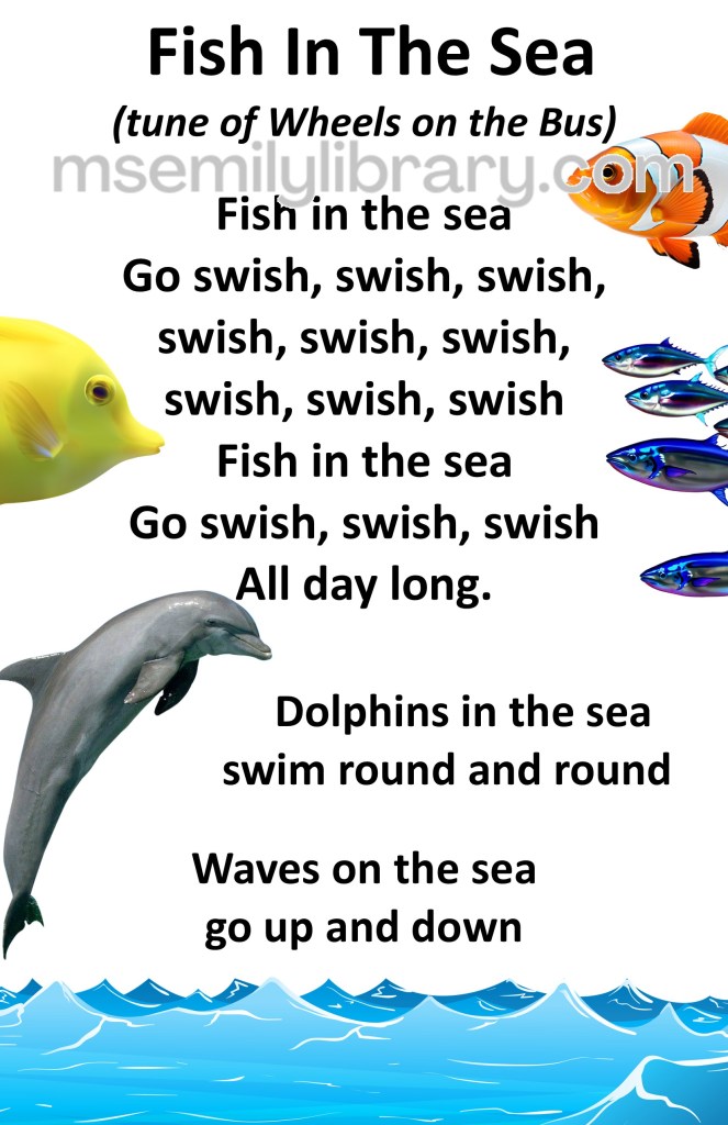 Fish in the sea thumbnail, with a graphic of waves at the bottom and photos of a clownfish, small school of fish, dolphin and yellow tropical fish. click the image to download a non-branded PDF