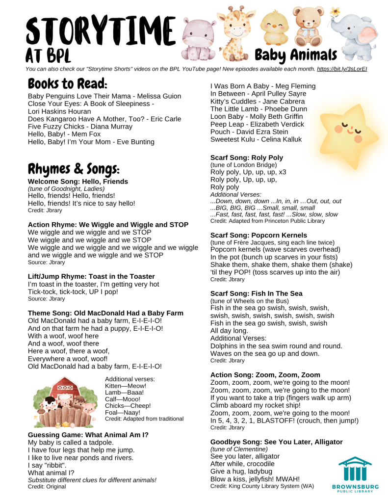 handout with book suggestions, rhyme and song lyrics.