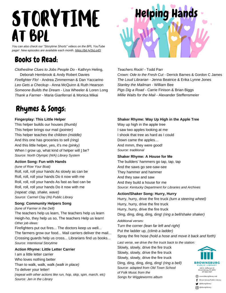 handout with book suggestions, rhyme and song lyrics.