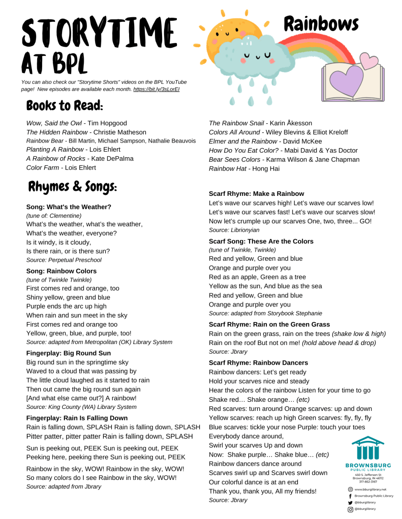 handout with book suggestions, rhyme and song lyrics.