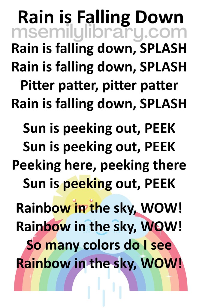 rain is falling down, rainbow edition thumbnail, with a graphic of a rainbow with a cloud in front of it and a sun behind it. the graphic is behind the text on the last verse. click the image to download a non-branded PDF