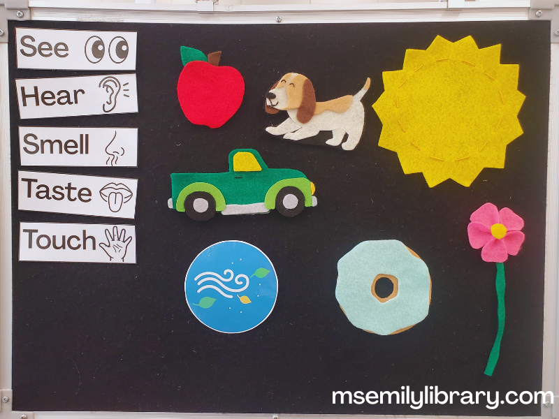 five senses flannelboard game - showing labels for see hear smell taste and touch, and flannels including an apple, dog, sun, pickup truck, flower, doughnut, and a symbol for the wind.