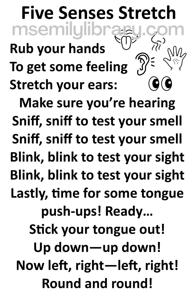 five senses stretch thumbnail, with a graphic of a tongue, eyes, ear, hand, and nose. click the image to download a non-branded PDF