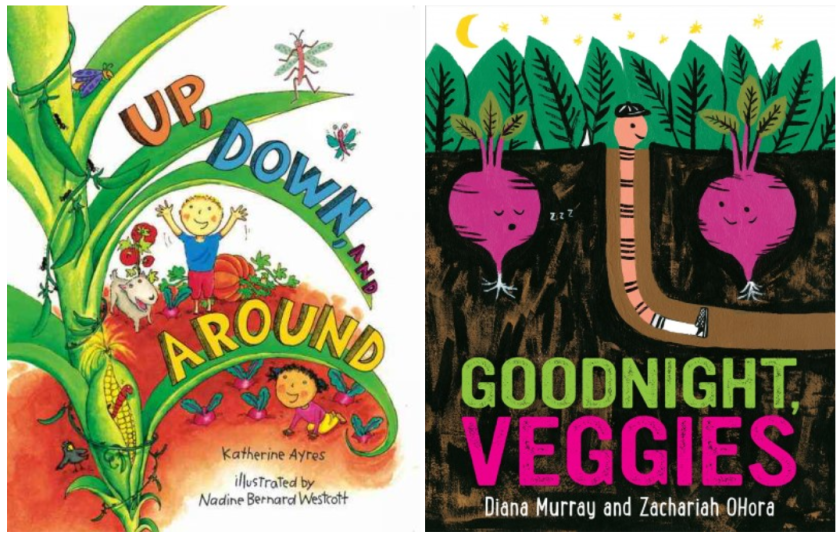 up down and around and goodnight veggies book covers