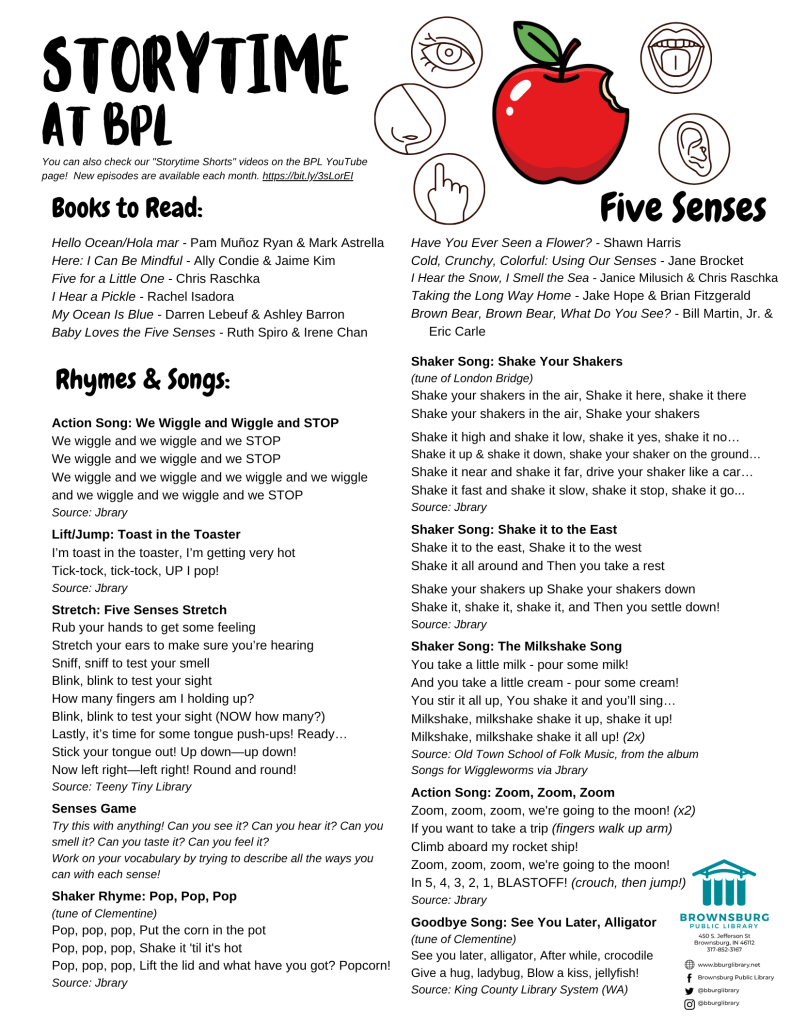 handout with book suggestions, rhyme and song lyrics.