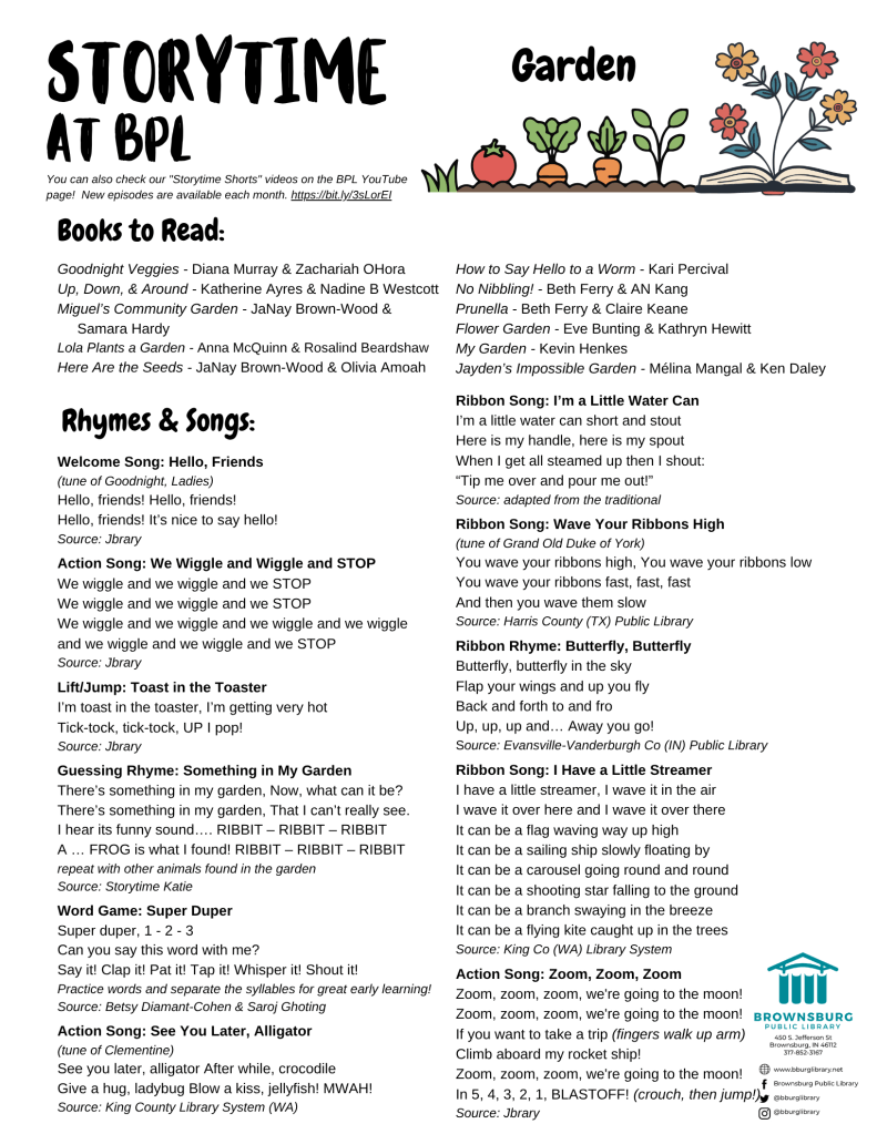 handout with book suggestions, rhyme and song lyrics.