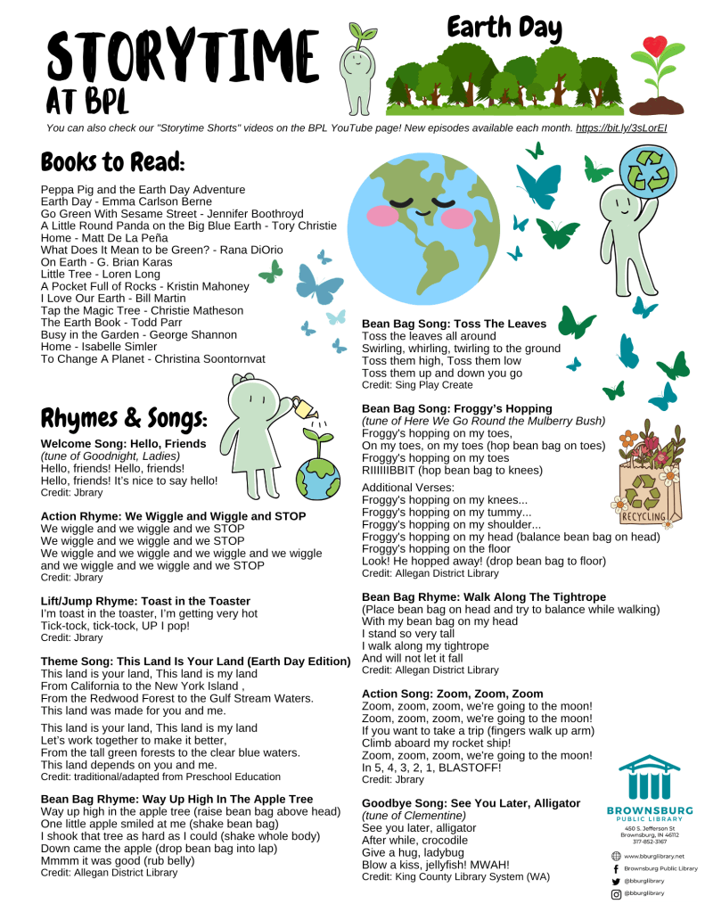 handout with book suggestions, rhyme and song lyrics.