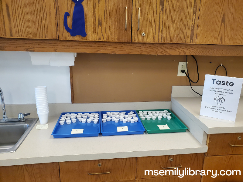 taste station, showing three messy trays with small tasting cups on them, labeled 1, 2, 3. A sign explains what to do, and there are styrofoam cups next to the nearby sink.