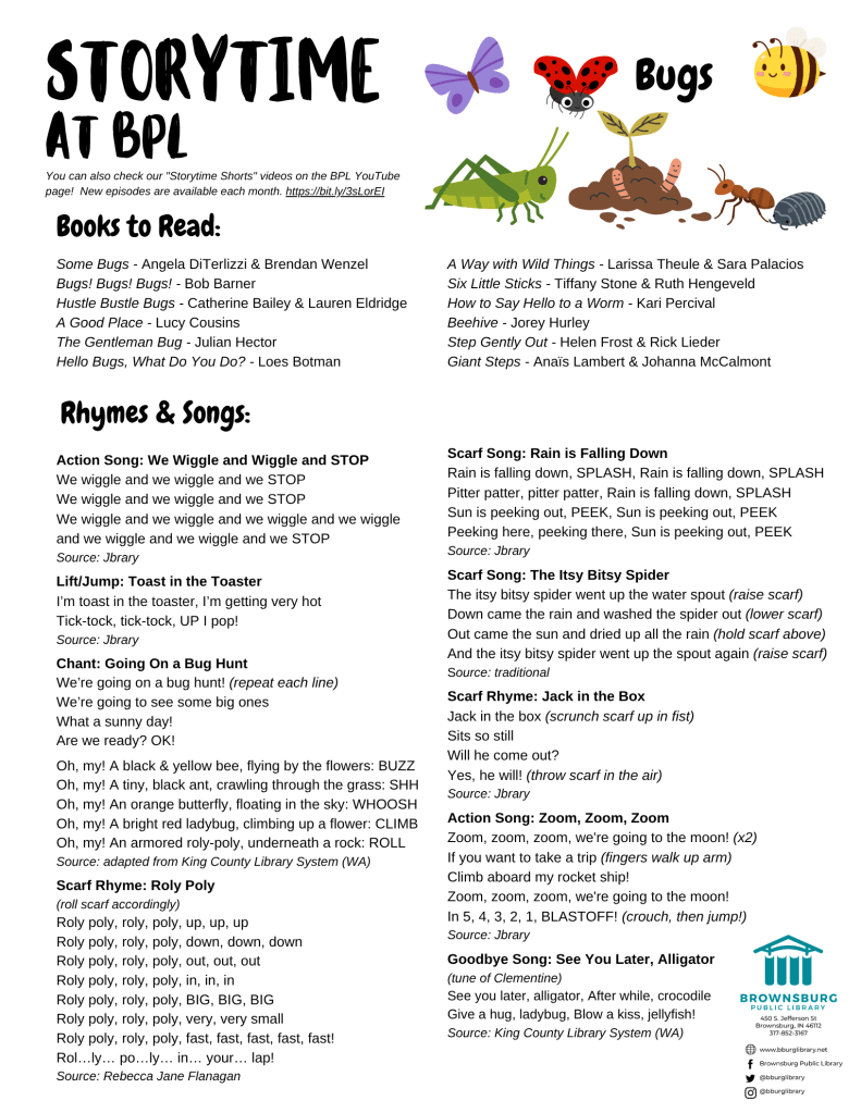 handout with book suggestions, rhyme and song lyrics.