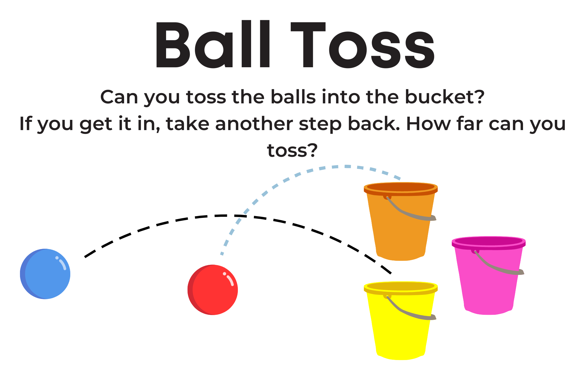 Ball Toss station sign: Can you toss the balls into the bucket? If you get it in, take another step back. How far can you toss?