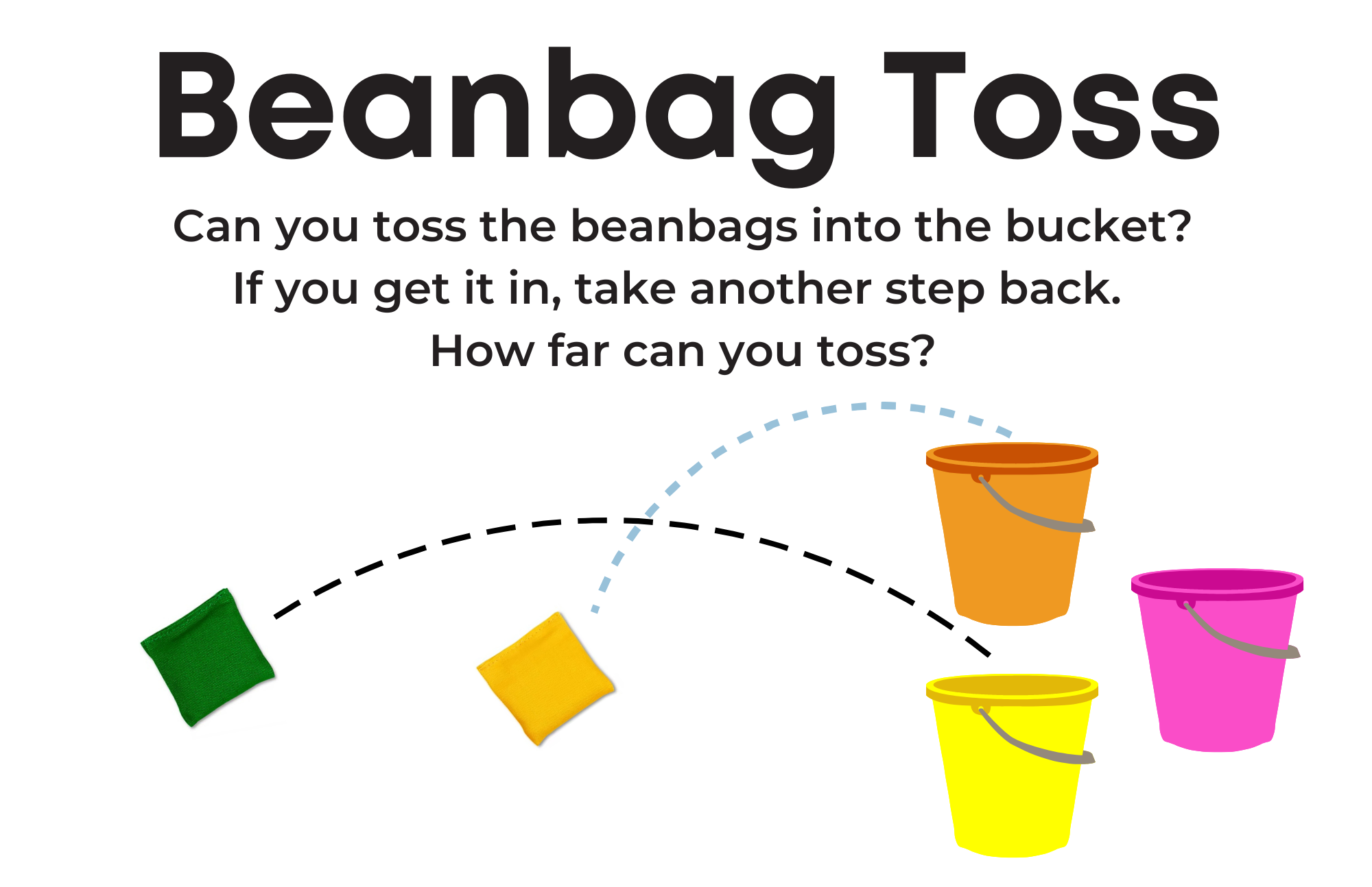 Beanbag toss (with buckets) station sign: Can you toss the beanbags into the bucket? If you get it in, take another step back. How far can you toss?