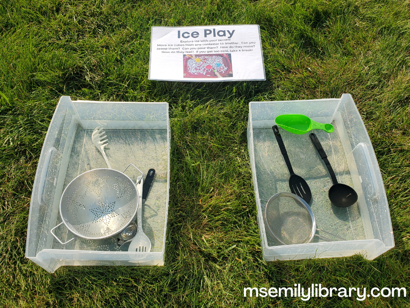 water bins with colander, sieve, ladles, and slotted spoons. Water is there, ice is not.