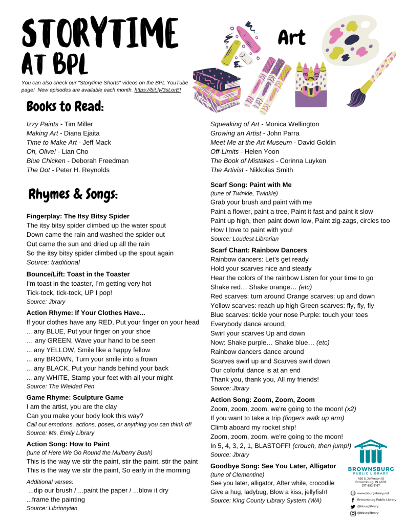 handout with book suggestions, rhyme and song lyrics.
