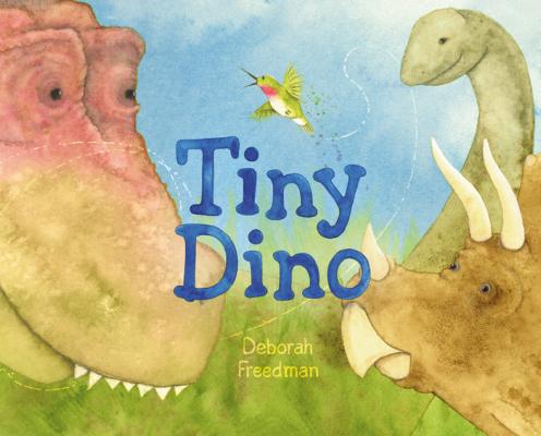 tiny dino book cover, showing a hummingbird and several large dinosaur faces