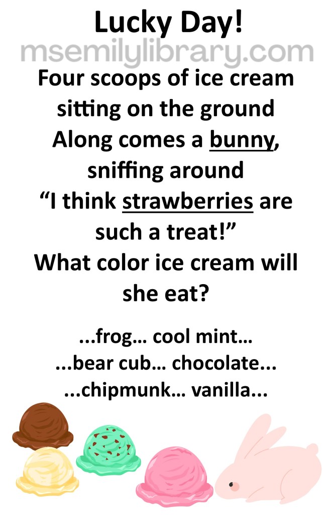 lucky day thumbnail, with a graphic of four scoops of ice cream (matching the previous rhyme) on the ground, with a pink bunny sniffing the pink scoop. click the image to download a non-branded PDF