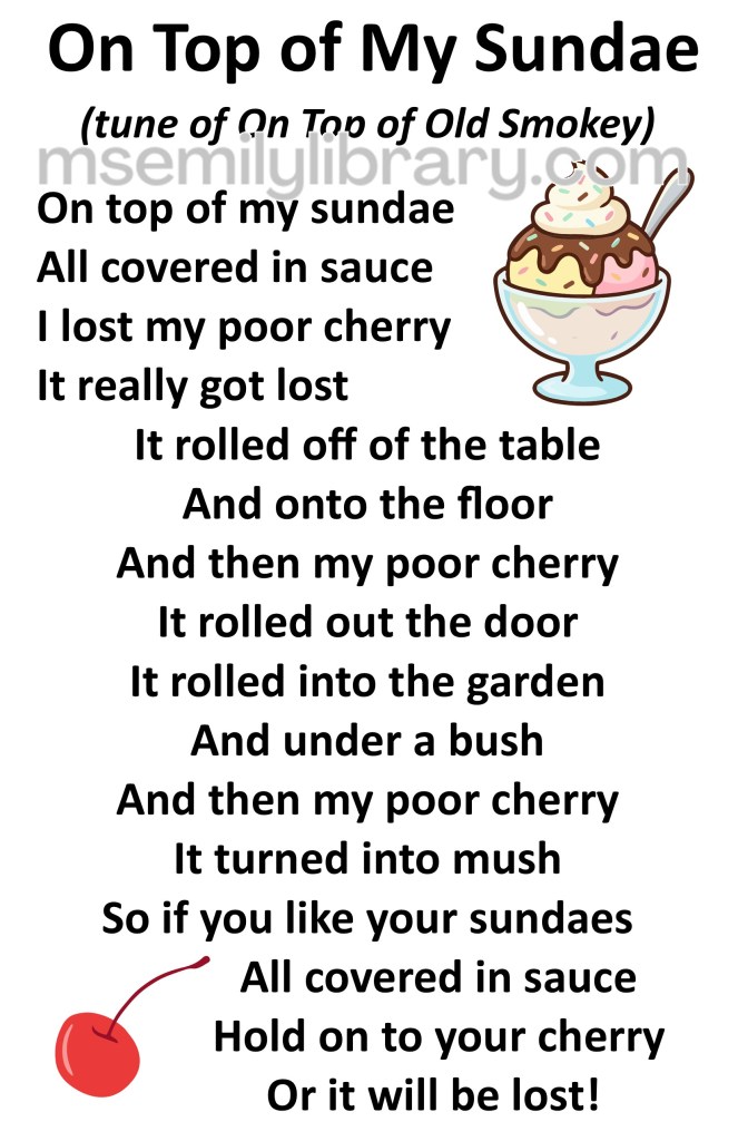 on top of my sundae thumbnail, with a graphic of a sundae in a bowl near the top, with hot fudge, whipped cream, sprinkles, and a spoon, and a maraschino cherry at the bottom. click the image to download a non-branded PDF