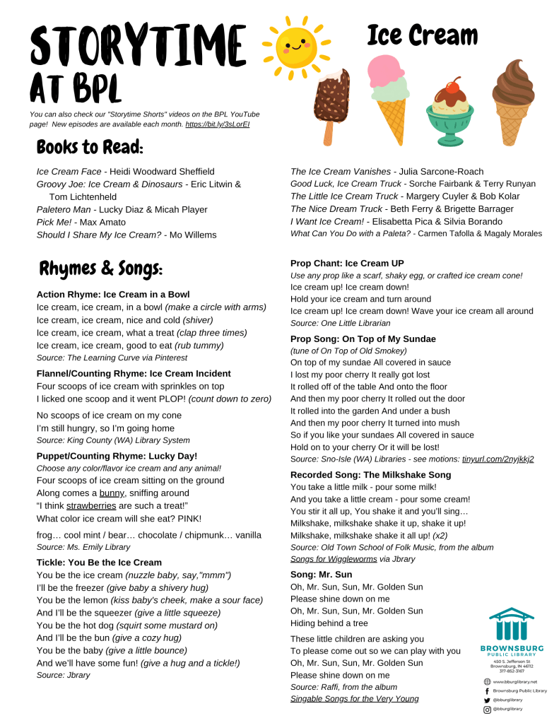 handout with book suggestions, rhyme and song lyrics.