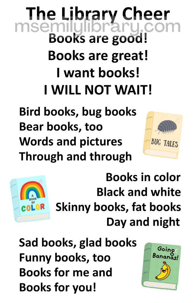 The library cheer thumbnail, with a graphic of a bug book, a colorful book with a rainbow, and a funny book with a laughing banana. click the image to download a non-branded PDF