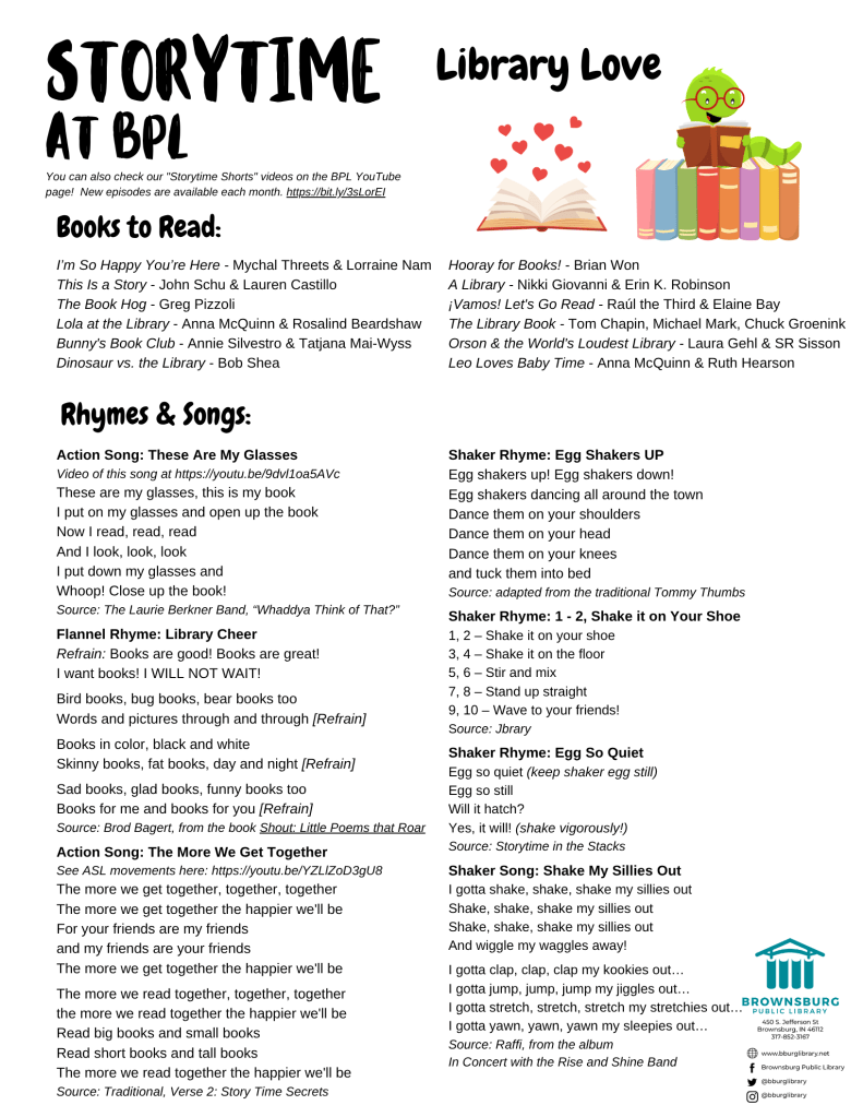 handout with book suggestions, rhyme and song lyrics.
